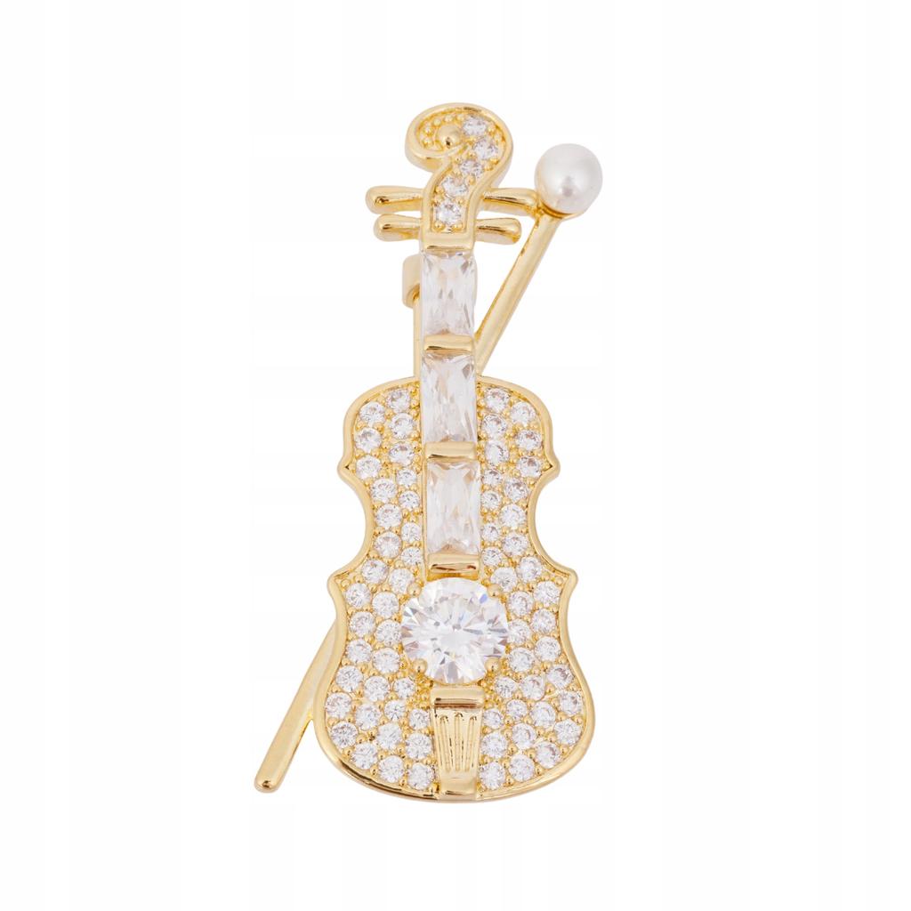 Plated Violin Pinets Brooch With Cubic Zirconia Musical Ornament