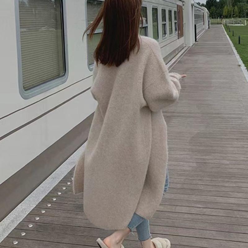 Свитера, кардиган, женский осенне-зимний свободный длинный кардиган, нежный повседневный однотонный трикотаж с длинными рукавами, кардиган, свитер