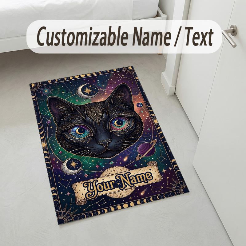 Cosmic Cat Theme Soft Crystal Velvet Rug Custom Name & Text Print Non Slip Floor Rug for Bedroom Living Room