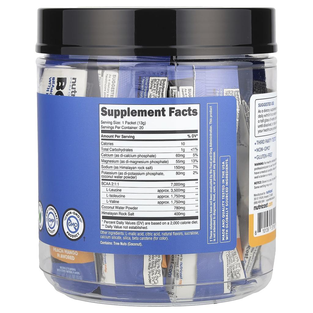 Nutricost, Performance, BCAA+, Peach Mango, 20 packs, 13 g (0.5 oz) each