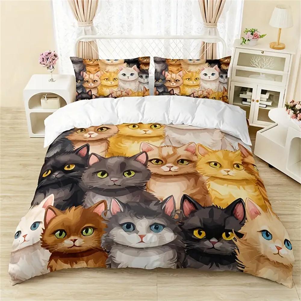 Комплект постельного белья с милым мультяшным котенком на все сезоны, мягкий, удобный и дышащий пододеяльник 1*пододеяльник + 2*наволочки