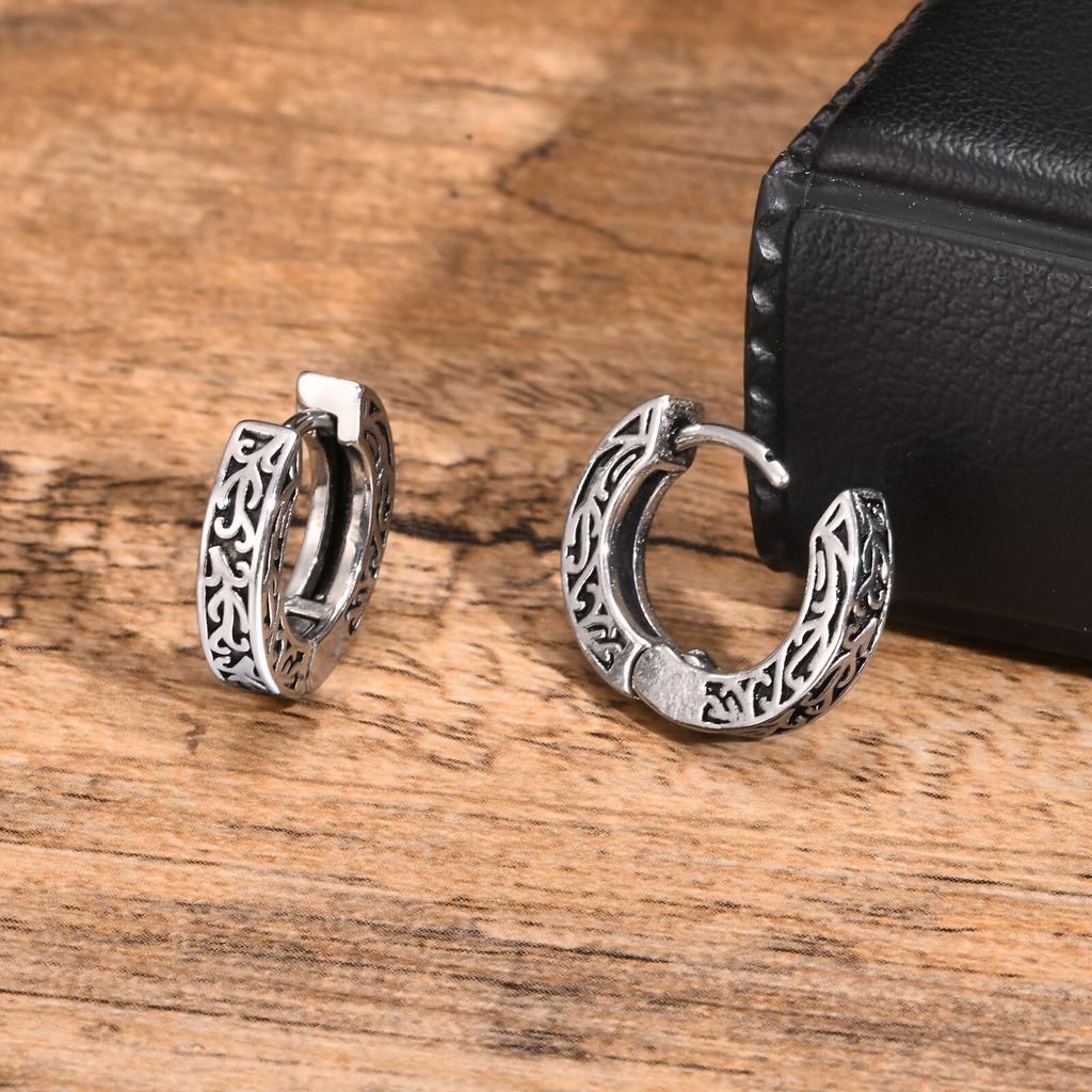 Totem Hoop Earrings for Men Teens,Black Anit Allergy Stainless Steel Huggies Earrings,Rock Punk Ear Zircon