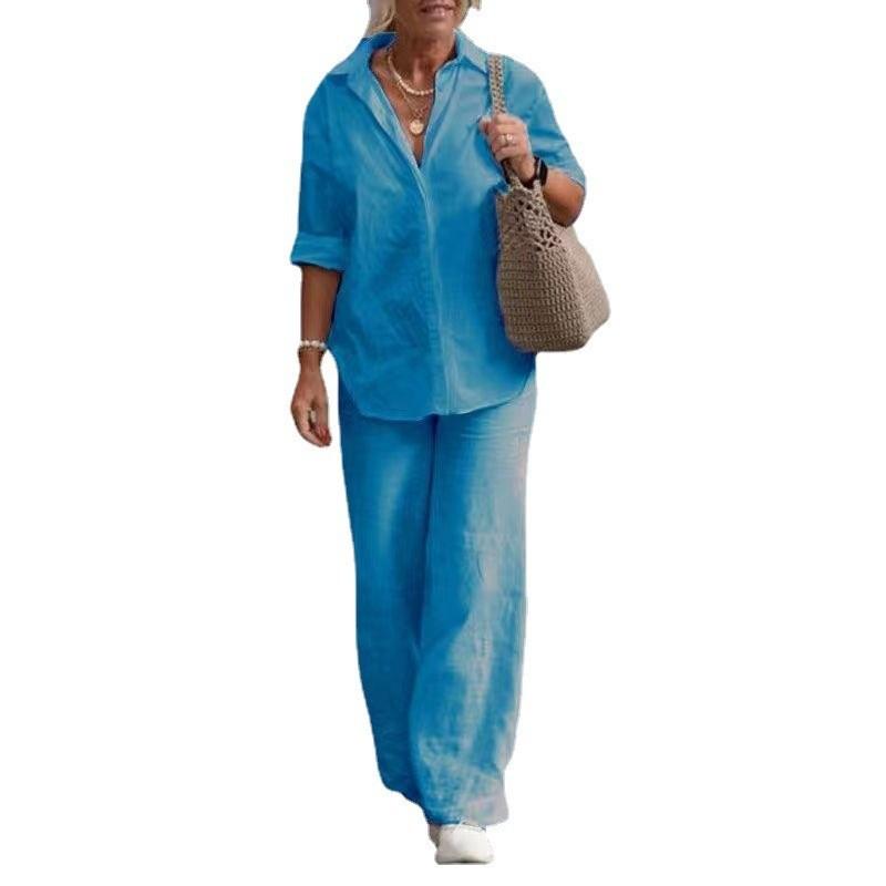 Women 2 Piece Outfits 2023 Notched Lapel Long Sleeve Button Down Blouse and Wide Leg Pants Set Casual Tops and Bottom Suit Fall Spring