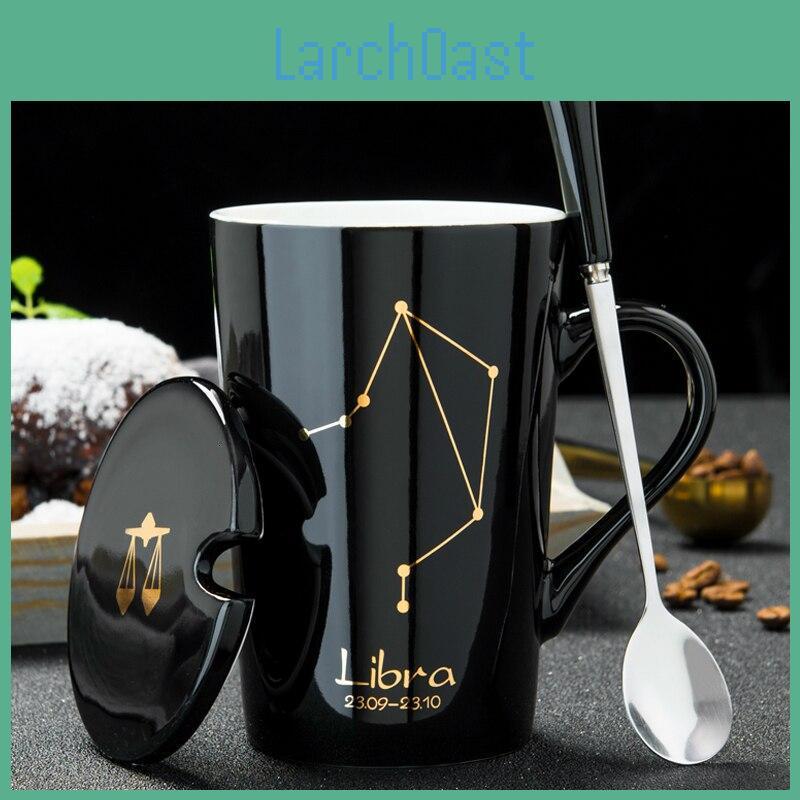 Creative 12 Constellations Mugs Ceramic Mugs With Spoon Lid Black Mug Porcelain Zodiac Milk Coffee Cup Drinkware Couples Gift