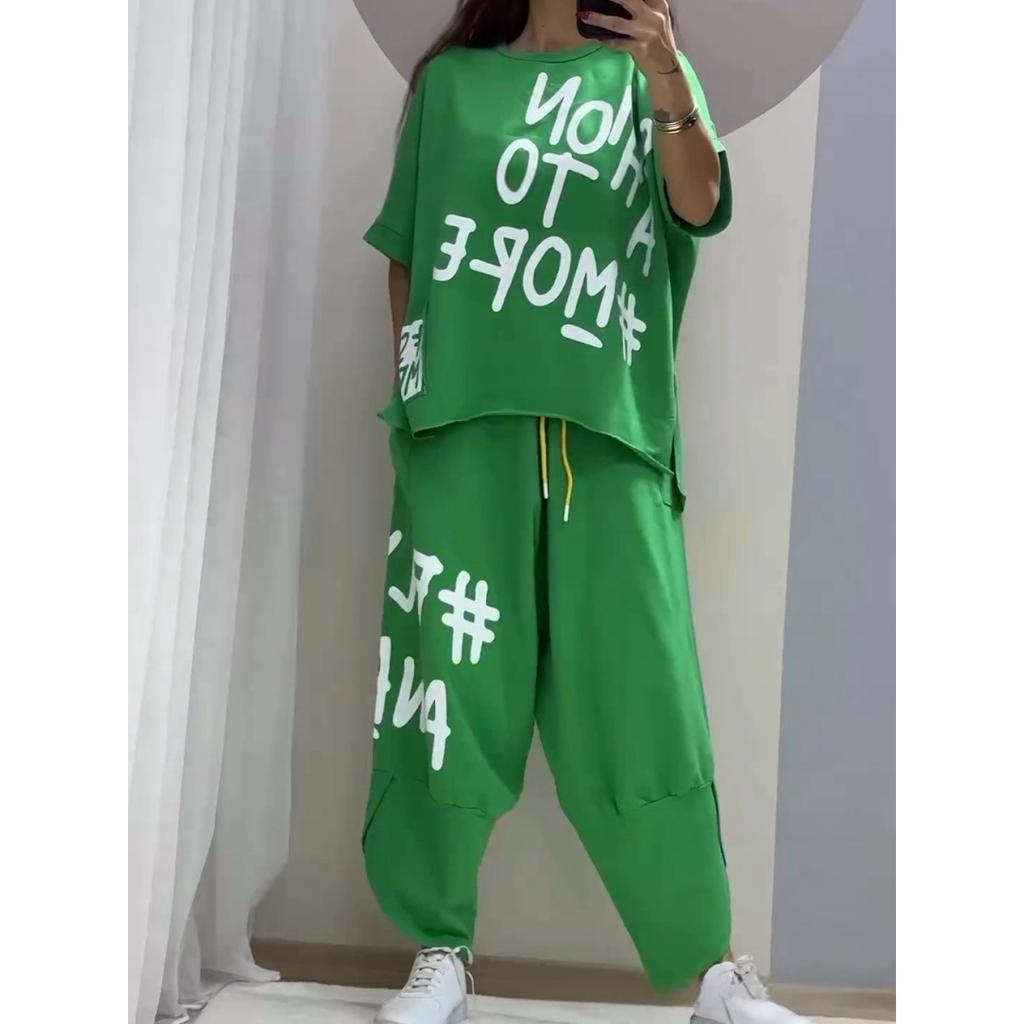 Женский комплект из повседневных спортивных футболок с короткими рукавами и круглым вырезом с буквенным принтом и леггинсов, брюк, комплект из двух предметов