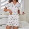 2025 летний женский пижамный комплект с принтом вишни, кружевной отделкой, короткими рукавами, застежкой на пуговицы спереди, топом и шортами, комплект из 2 предметов, одежда для сна, домашняя одежда