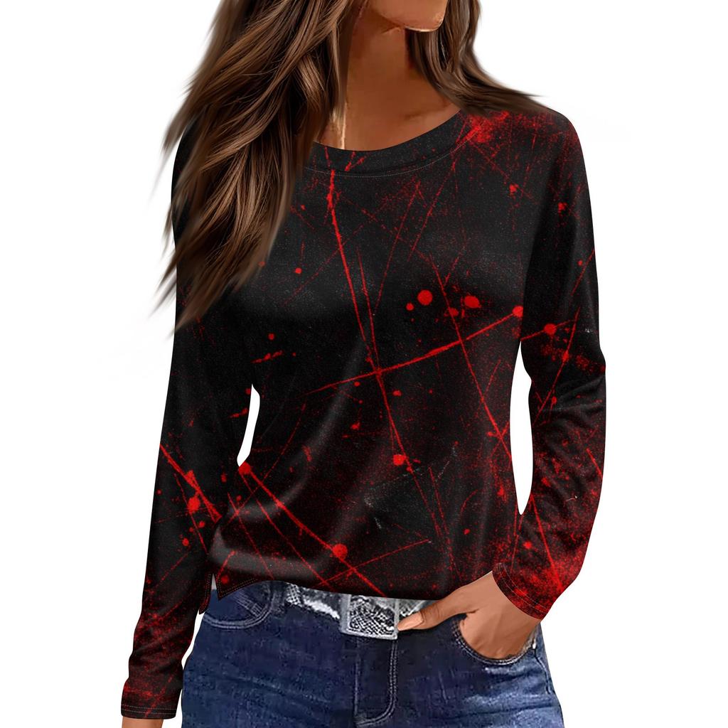 Женская модная повседневная футболка с разрезом по подолу, принтом на Хэллоуин, круглым вырезом и длинным рукавом