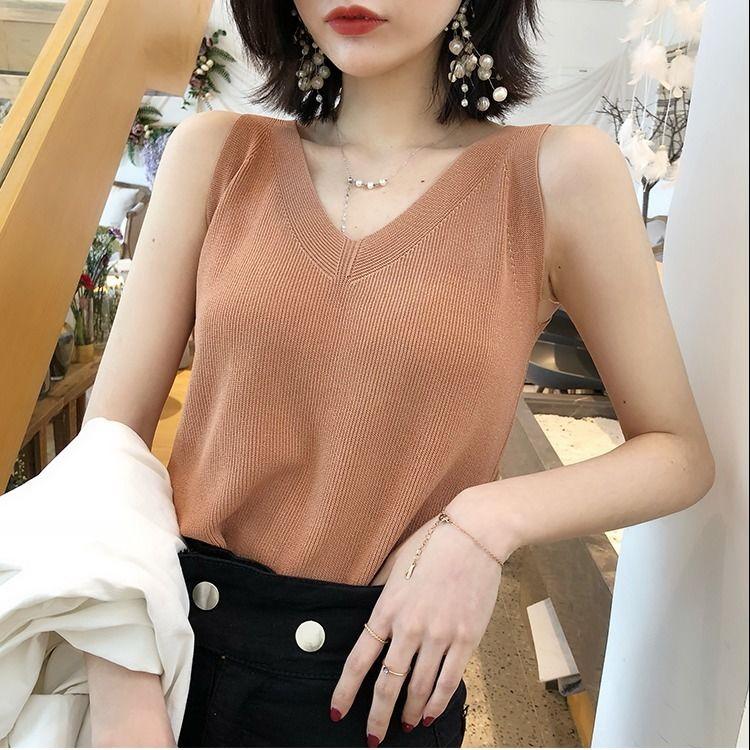 Майка из ледяного шелка, женская одежда, летняя трикотажная одежда без рукавов, корейская версия, свободная короткая майка с v-образным вырезом, модный топ