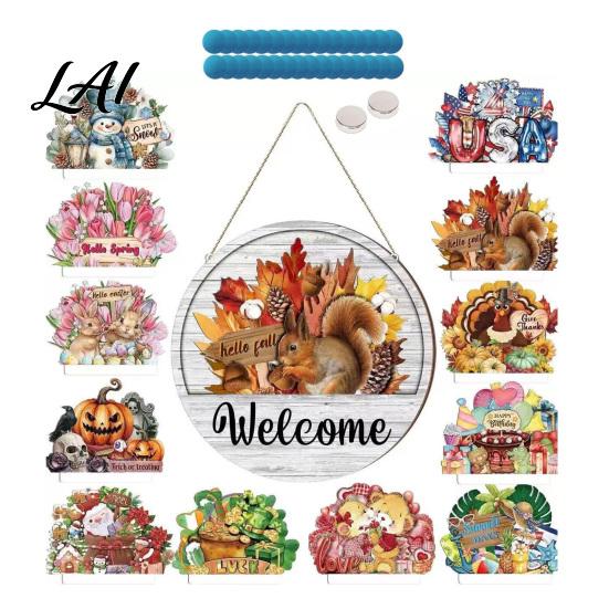 Personalized Welcome Sign for Front Entrance Interchangeable Sign Seasonal Magnetic/Insert Icon Hanger Rustic Door Decor with Magnetic Icons