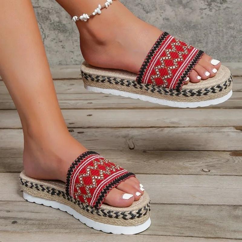 2024 Летние женские тапочки, уличные сандалии, богемный этнический стиль, эспадрильи ручной работы, тапочки на платформе, шлепанцы, женская обувь