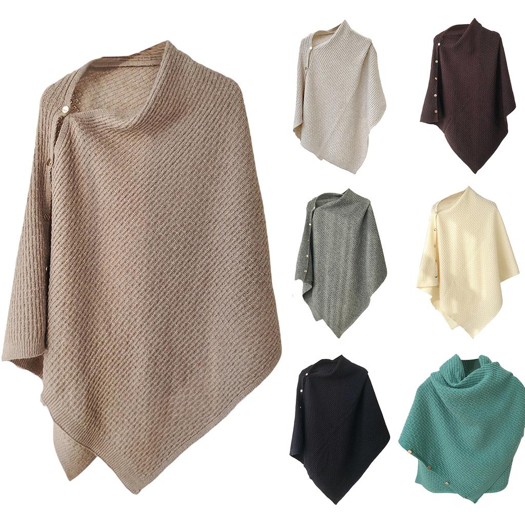 Ladies' Fashionable Knitted Shawl Cape With Buckle Yarn Plaid Scarf, Women's Versatile Warm Plain Weave Shawl