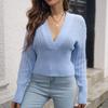 Women Autumn Winter Fashion Cutout V Neck Drop Shoulder Sleeve Neck Waist Pullover Sweater S-L