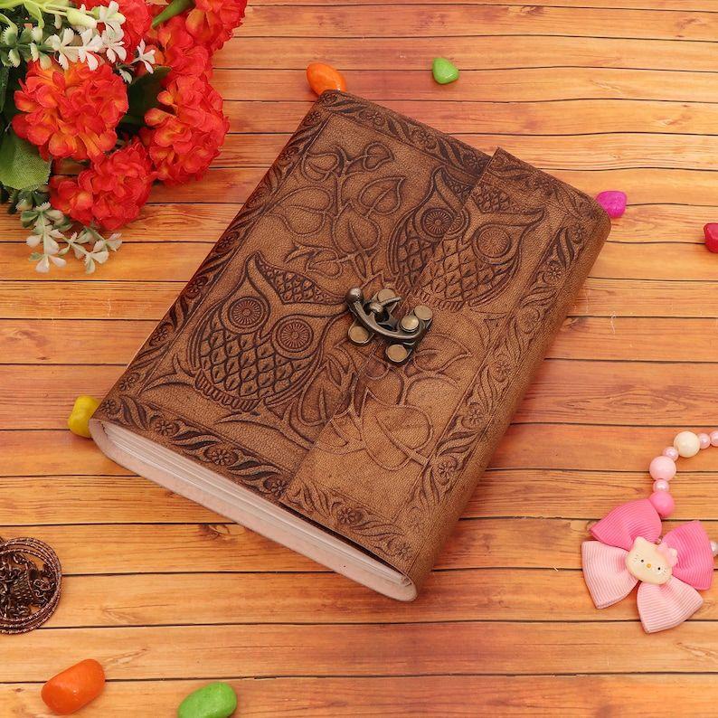 Owl Embossed Leather Notebook with Lock Off White Handmade Unlined Paper Diary 5x7 Inches for Men and Women and Gift & Travel In Brown Color