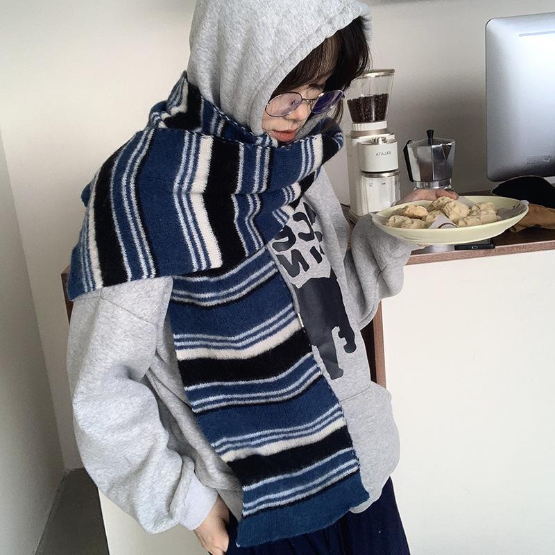 Falling Pool Women's Retro Striped Knit Scarf - Fluffy, High-End, Soft Neck Warmer for Autumn/Winter