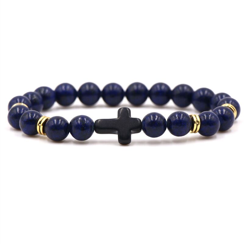 8MM Bright Frosted Stone Cross Bracelet Muticolor Beads Bangle for Women Men Fashion Pray Bracelets Jewelry Elastic Rope