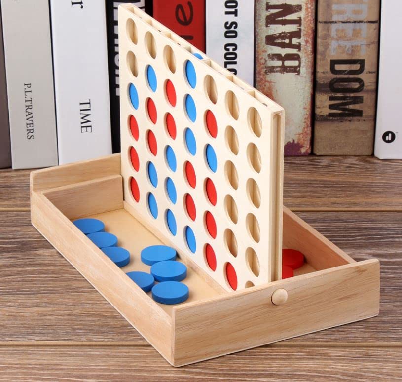 Wooden 4 In a Row Puzzle, 3D, Competitive Board Game, Educational, Brain Training Game Toy