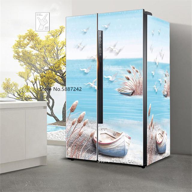 Наклейки на холодильник с морским пейзажем для обоев на холодильник, виниловые самоклеящиеся декорации для пейзажей, пленка для морозильной камеры, пляжная крышка для кухни