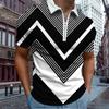 Casual Lapel T-shirt Young Men's Fashion Zipper T-shirt Short Sleeve T-shirt Men's 3D Stripe Print T Shirt