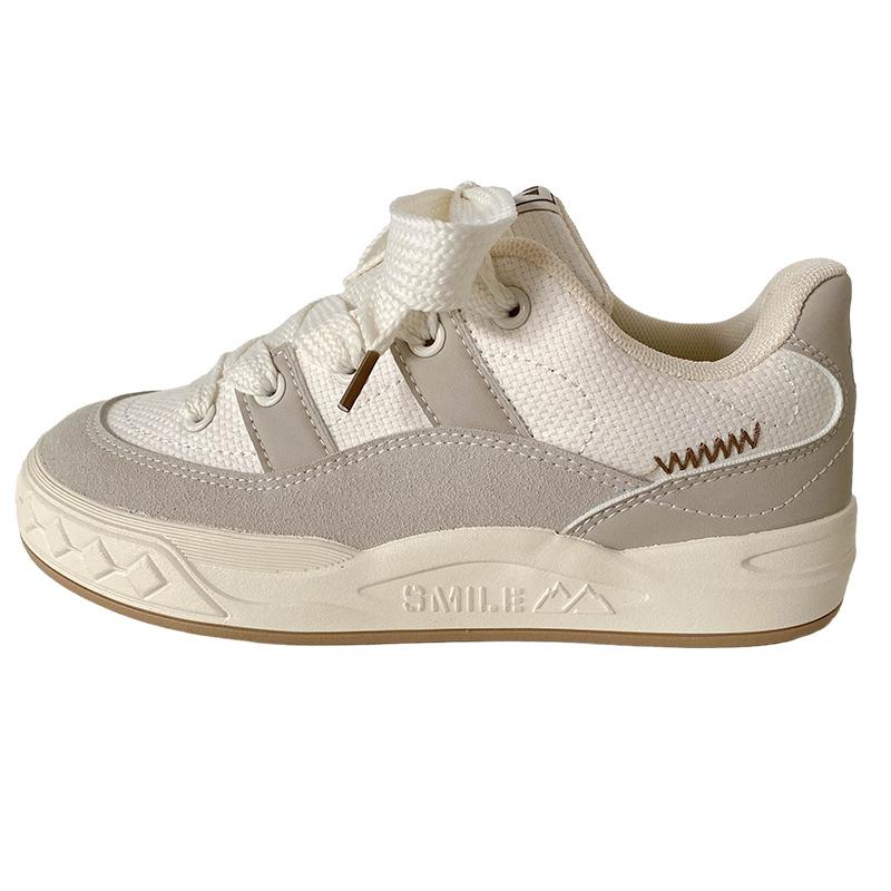 BE-6832 latex insole/2025 spring new bread shoes women's shoes board shoes niche round head casual white shoes