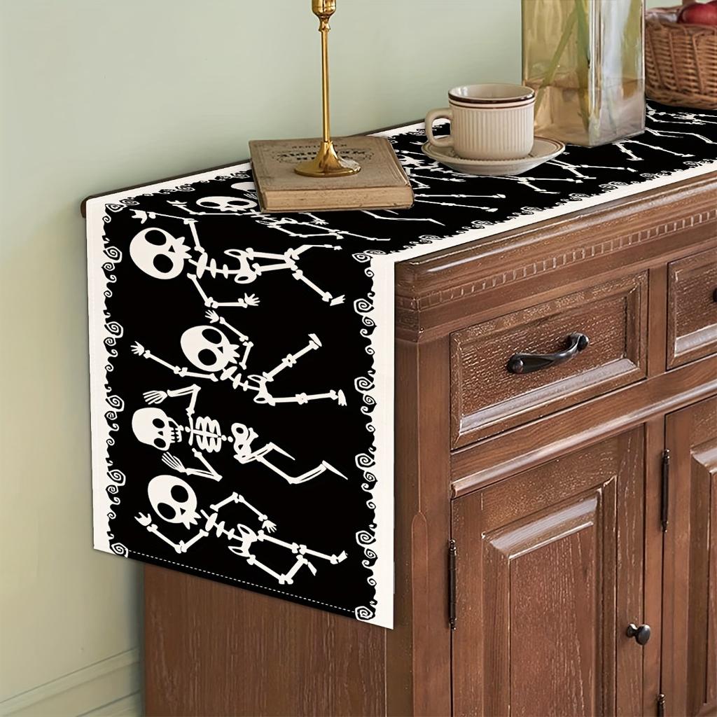 1pc Black Halloween Table Runner Skeleton Printed Table Runner Waterproof Durable Tablecloth for Halloween Home Party Decoration