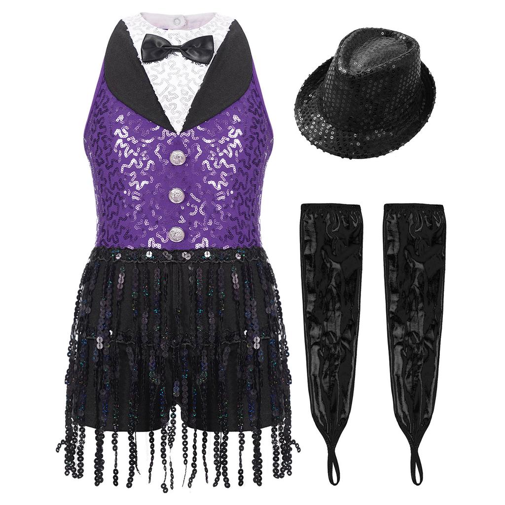 Латинский джазовый танцевальный купальник для девочек, без рукавов, с вырезом-замочной скважиной на спине, с пайетками, кисточками, металлическими перчатками и шапочкой