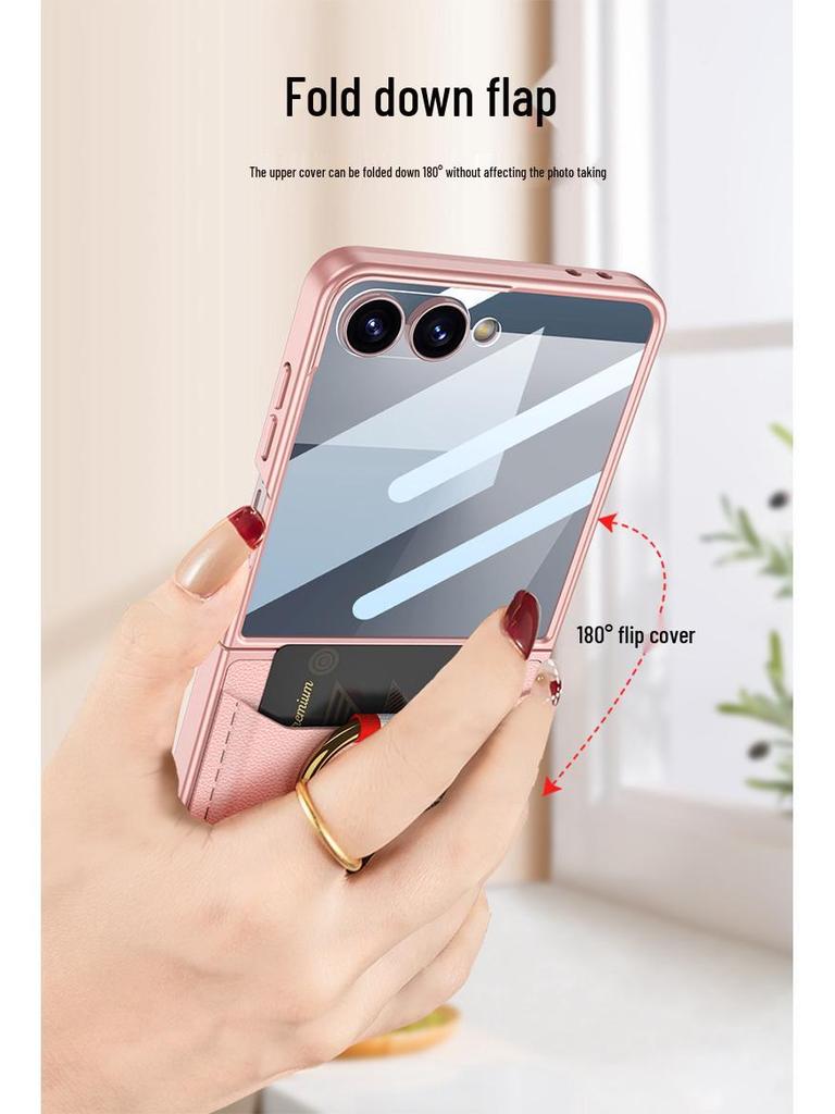 Ультратонкий кожаный чехол для Samsung Z Flip7: Полное покрытие, Держатель для карт, Кольцо, Защита от падений