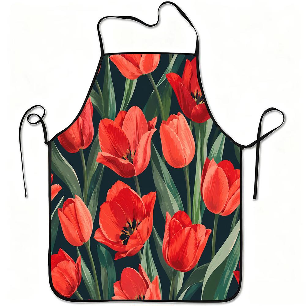 1pc Red Tulip Flower Print Apron, Durable and Easy to Clean, Adjustable Waistband, Polyester Material, for Kitchen Cooking, Gardening, Orchard Picking