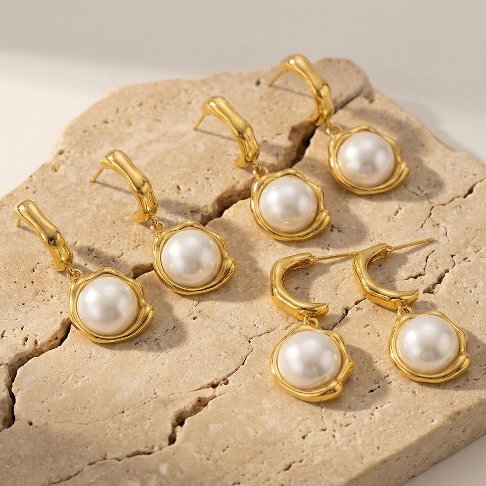 Stainless Steel Pearl Hoop Earrings 18K Thick Gold Electroplating Trendy Elegant Exquisite All-Match