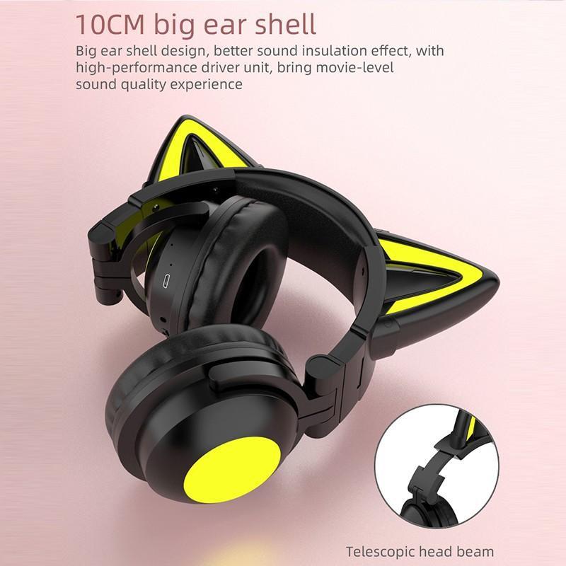 Foldable Head-mounted Cat Ear LED Glowing Gaming Headset Heavy Bass Bluetooth 5.0 Earphones True Wireless Headphone with Microphone