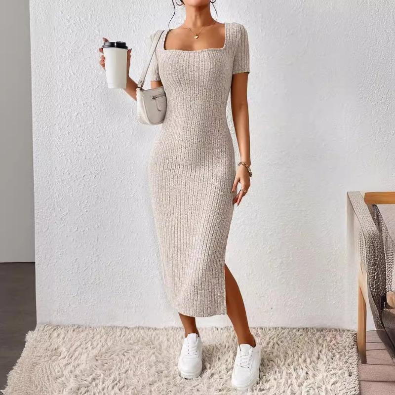 2023 European and American New Independent Station Amazon Hot French Square Collar Side Split Rib Knitted Short-sleeved Dress