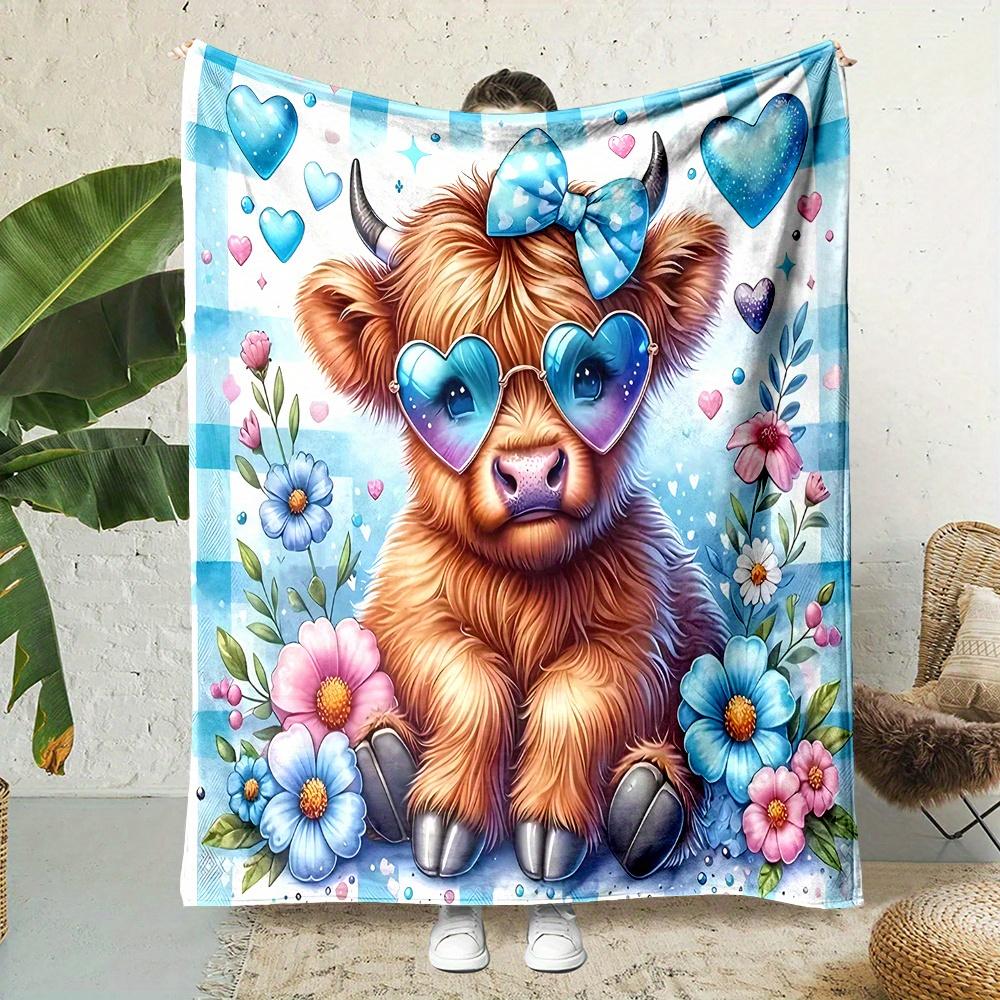 Cartoon Cow Print Flannel Throw Blanket Soft Reversible Machine Washable Couch Bed Office Camping Gift