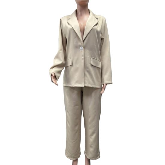 2 Pcs/Set Women Suit Coat Pants Set Single Button Lapel Long Sleeves Soid Color High Waist Straight Trousers OL Commute Business Formal Style Outfit