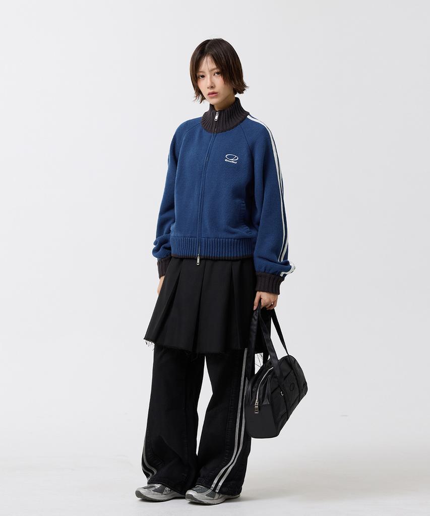 ODDSTUDIO Sporty Track Semi-Crop Knit Zip-Up - Blue