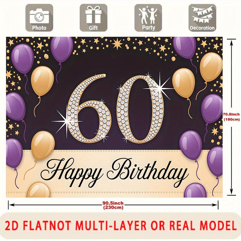 Happy 60th Birthday, 1pc Polyester Party Backdrop Banner, Photo Booth Background, Wall Decor