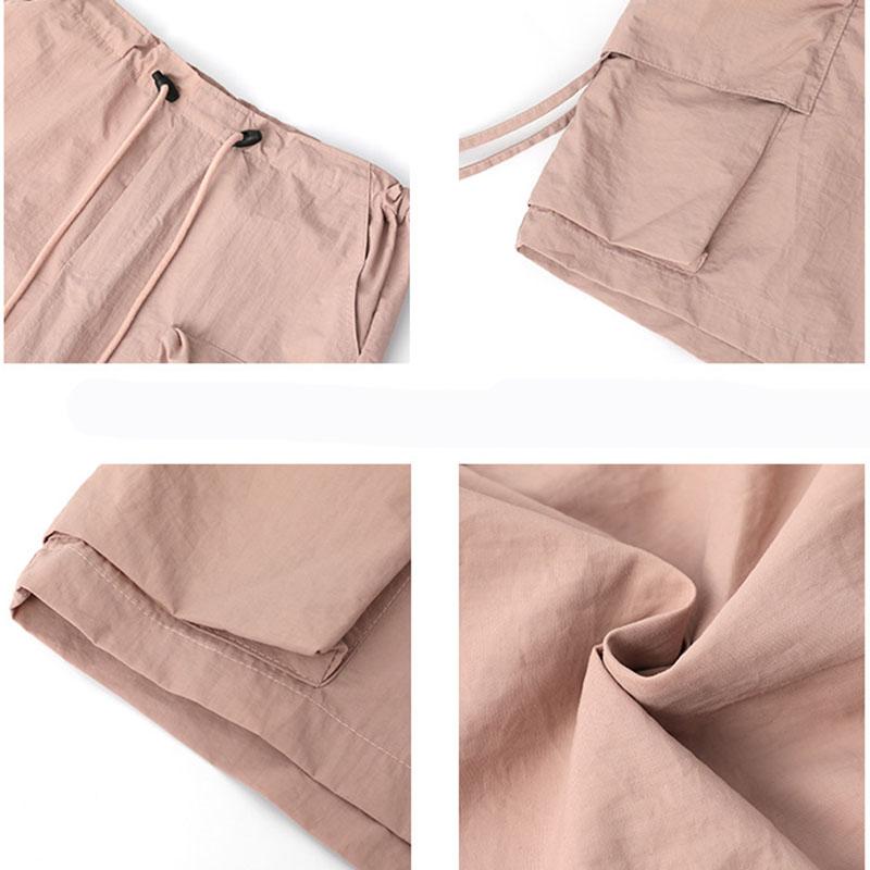Women Summer Drawstring Big Pocket Breathable Quick-Dry High-Waisted Wide-Leg Cargo Shorts