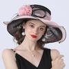 Organza Carnival Cap Lady Wide Brim Kentucky Derby Hats for Women with Mesh Feather Flowers Wedding Bride Church Fedora