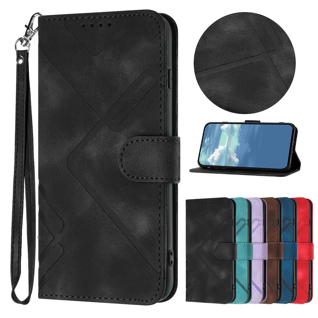 For Xiaomi Poco F7 5G/Redmi Turbo 4 Pro 5G Wallet Case Line Imprinted PU Leather Phone Cover with Strap