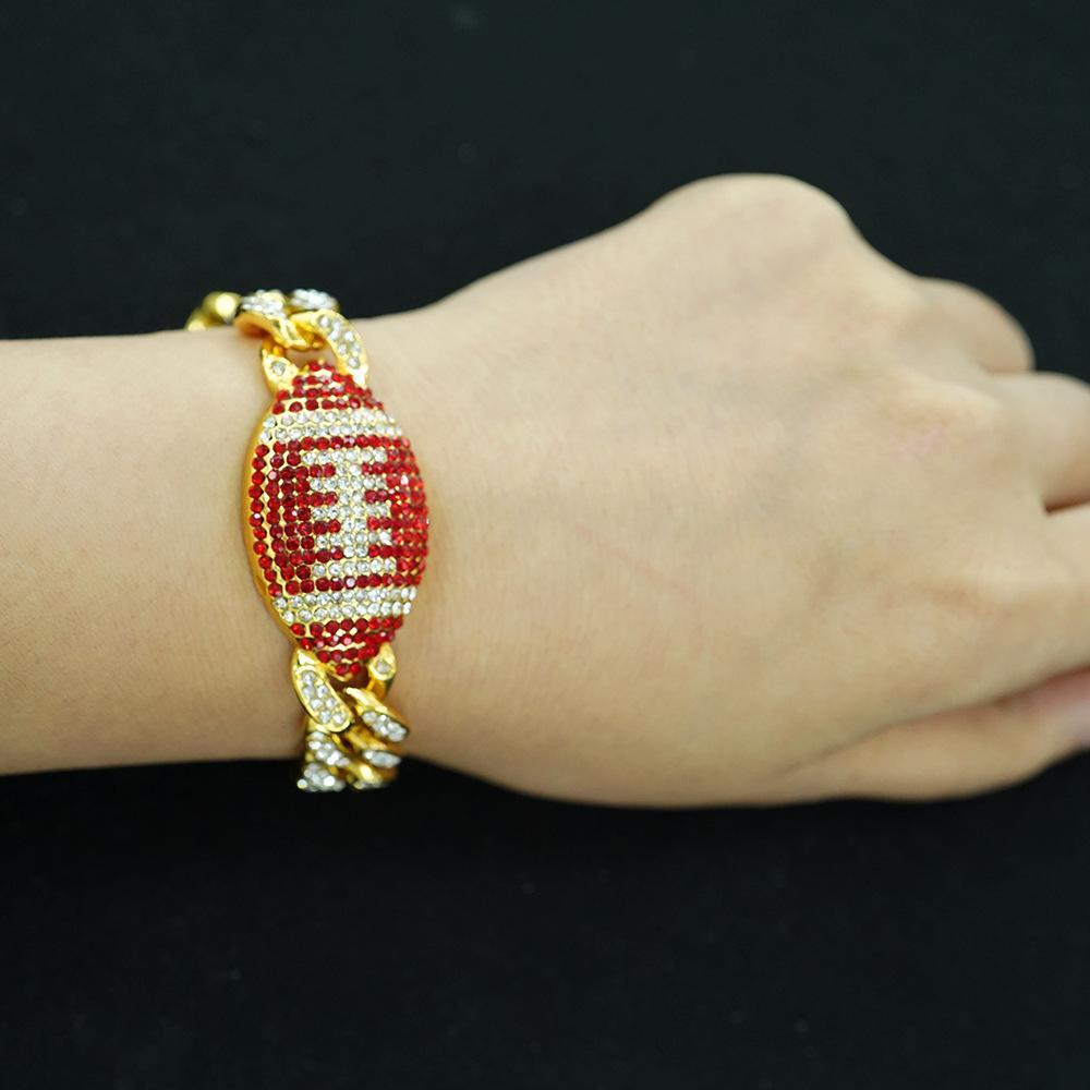 Red Football Full Diamond Cuban Bracelet, Personalized Men's Hip-hop Bracelet.