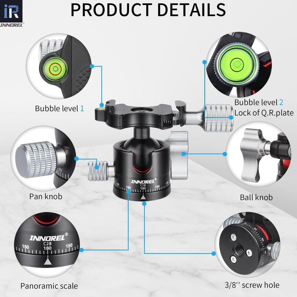 INNOREL C28 Compact Camera Pan 5kg Load Aluminum and Mounting Ball Head with Storage Bag Head, Capacity, Alloy, Arca-Swiss Compatible, 1/4" 3/8"