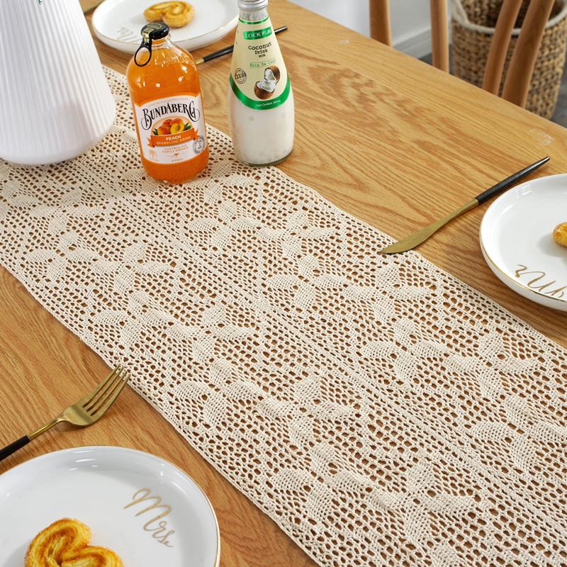 Wide Splicing Pastoral Crochet Knitted Hollow Dining Table Cloth Lace Fringed Table Flag