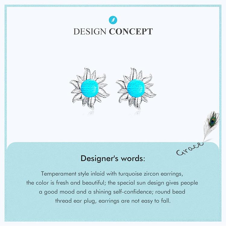 WOSTU 925 Sterling Silver Tiny Sun Stud Earrings for Women Trendy Fine Wedding Jewelry Blue Turquoise Piercing Earrings
