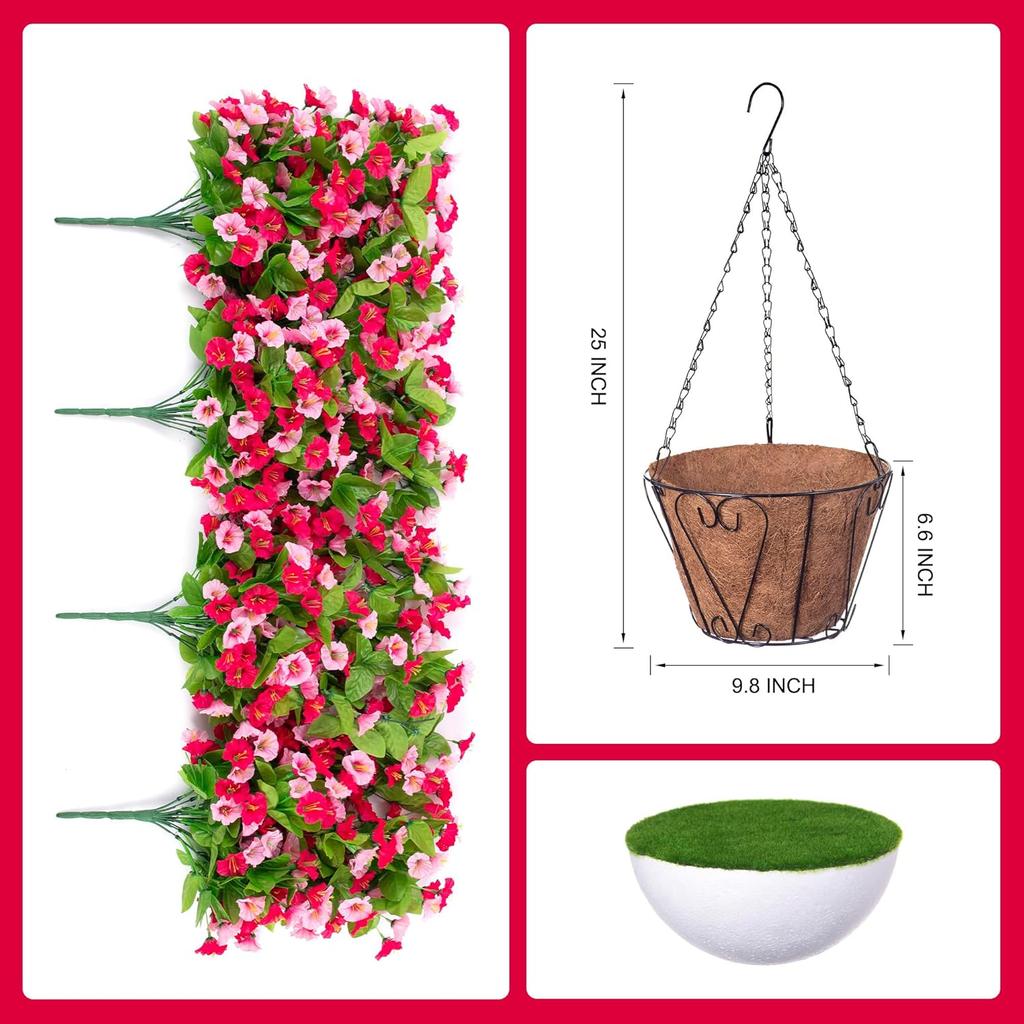 Hanging Baskets with Artificial Flowers for Plants Outdoor Indoor, Faux Silk Morning Glory Vines, Faux Green Plant Arrangement