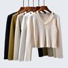 Soft Nuo V-neck Fake Two-Piece Short High Waist Long Sleeves Pure Color Knitting Wool Bottoming Shirt Silm Pullover Spring & Fall Women's Clothing