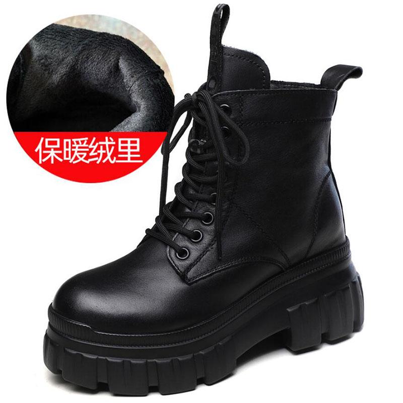 Fashion GKTINOO Women's Genuine Leather Ankle Boots Women Autumn Winter Lace Up Women Punk Boots Flat Ladies Shoes Woman Botas Mujer