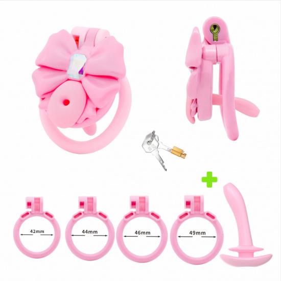 New Pink Bow-Tie Flat Chastity Cage ABS Cock Cage Urethral Chastity Device Set FetishSM Sex Toy Peins Plug Chastity Belt for MenGood product