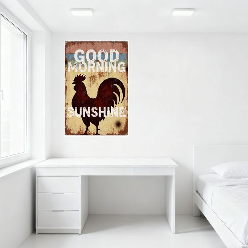 Vintage Rooster 'Good Morning Sunshine' Metal Tin Sign Distressed Rustic Country Themed Wall Plaque for Home Bar Cafe Man Cave D
