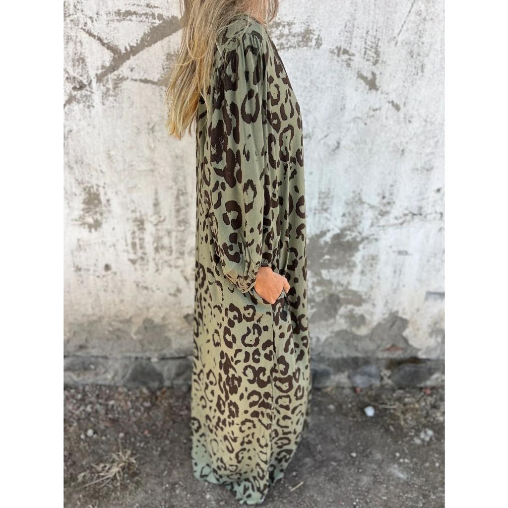 IHUASU Весна-лето с длинным рукавом и принтом леопарда, свободное платье с V-образным вырезом для женщин