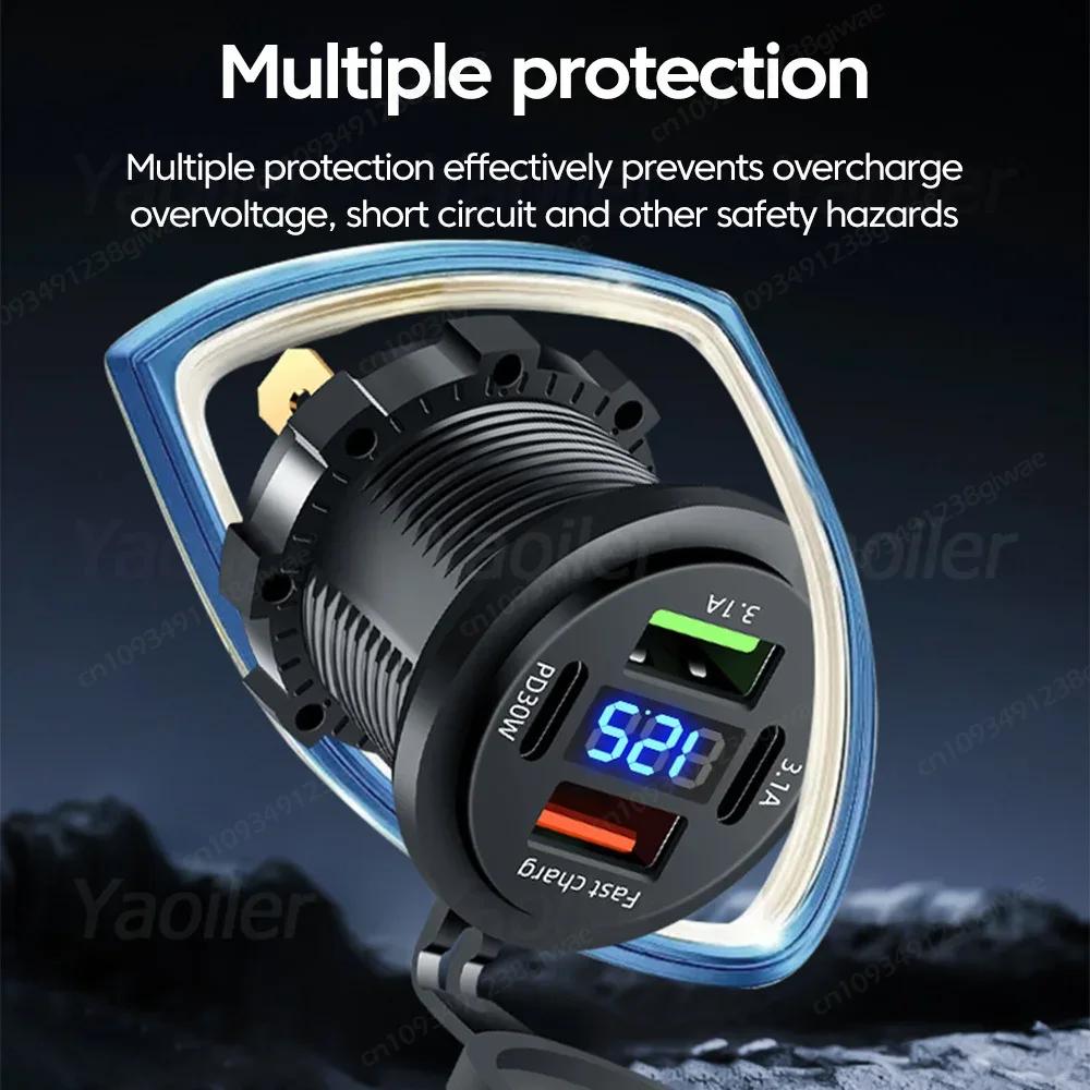 Новое автомобильное зарядное гнездо USB с двумя портами Type-C и USB-A, водонепроницаемое, со светодиодным вольтметром, быстрая зарядка 12 В/24 В для мотоадаптера