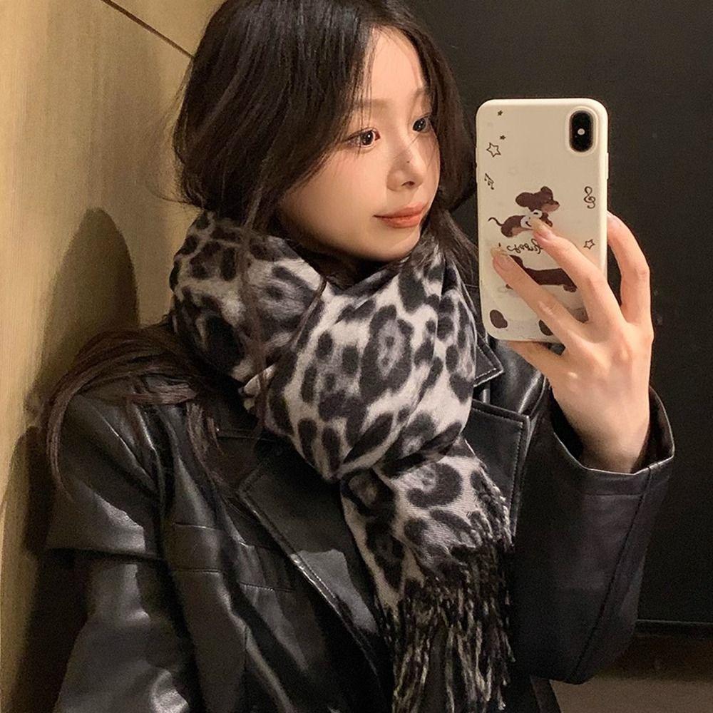 Сладкий Прохладный Шарф с Леопардовым Узором Ретро Шерстяная Шаль Элегантные Шарфы с Кисточками Мужской
