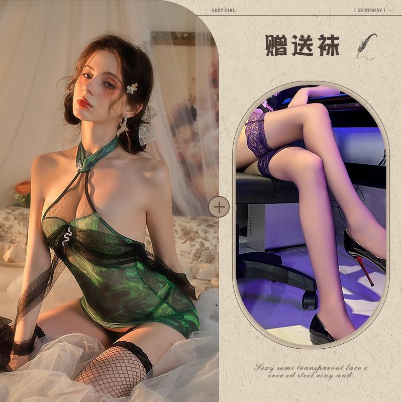 Sexy lingerie sexy hot green snake cheongsam stand-up collar neck uniform hot couple battle robe passion free